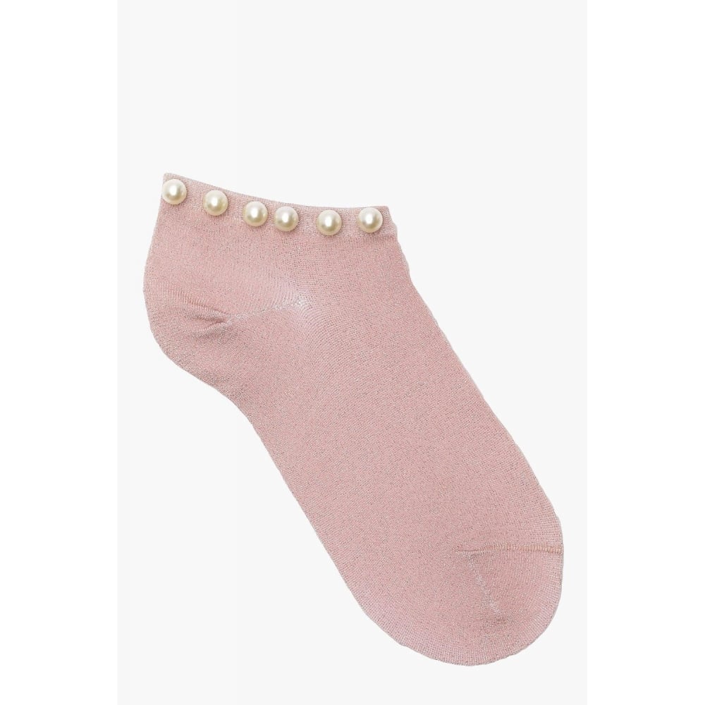 Pastel Pink Glitter Ankle Socks With Pearl Trim