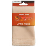 Natural Warmlegs ankle highs with 'Warmlegs' packaging on a clear background