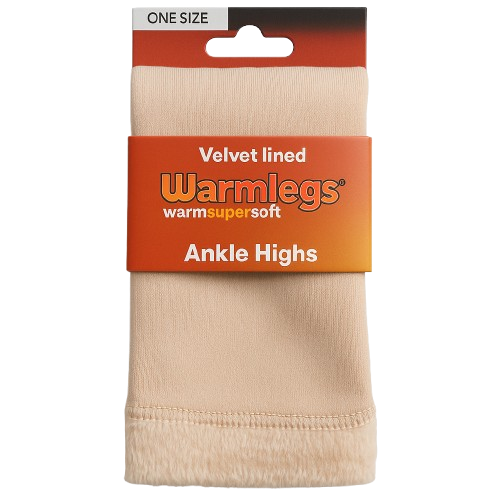 Natural Warmlegs ankle highs with 'Warmlegs' packaging on a clear background